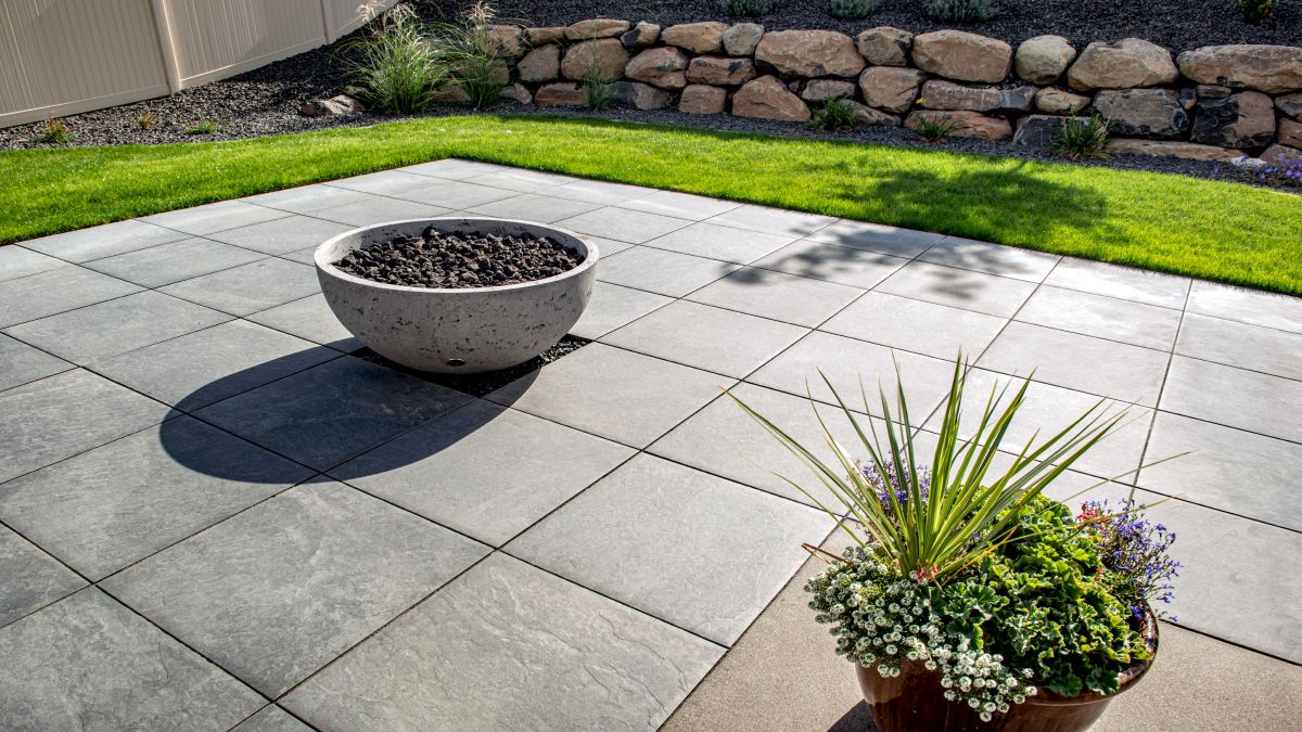 Kindred fire bowl on Glacier Slate architectural slab patio