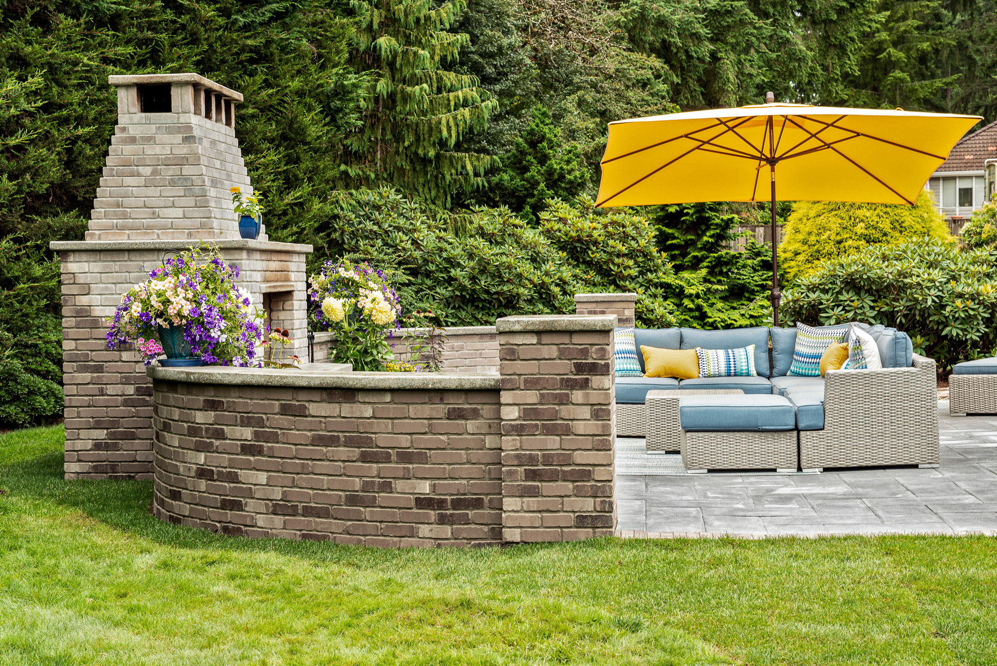 Outdoor fireplace faced with Westport Used brick