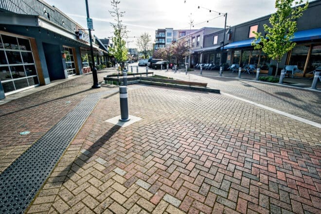 Pedestrian area constructed with permeable pavers at park lane