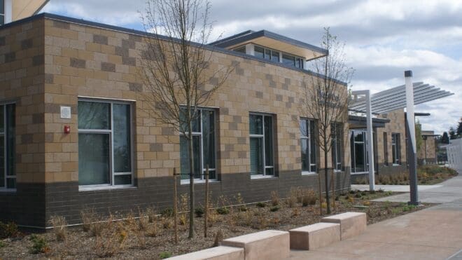 Concrete masonry units in a variety of colors form the veneer on Meadow Crest Early Learning Center in Renton, WA