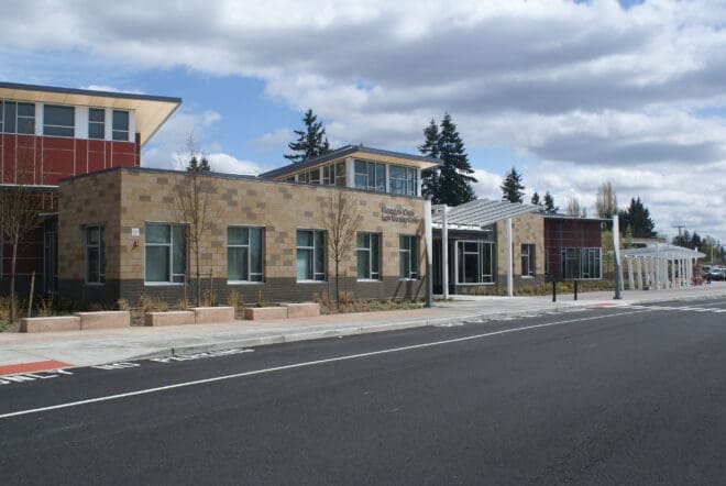Multi-colored concrete masonry unit veneer on a school in Renton, WA