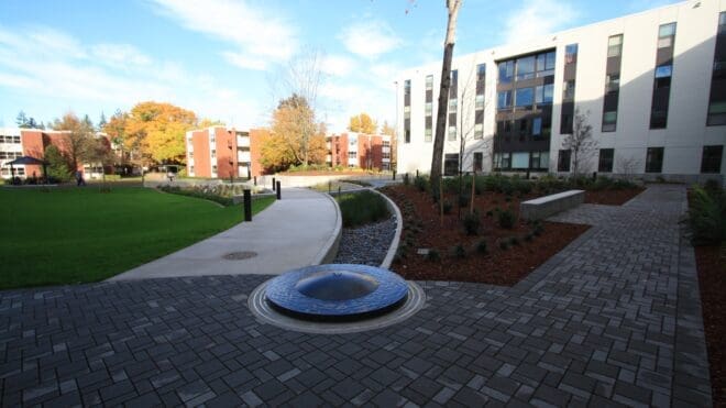 Walkway made of permeable pavers in front of Ackerman Hall at Western Oregon University
