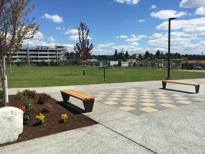 Chess board at Town Square Park made with Vancouver Bay architectural slabs.