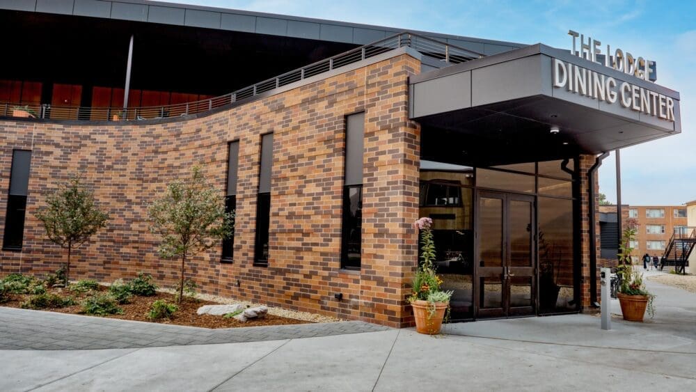 Multi-color brick veneer on the Lodge dining hall at the University of Montana